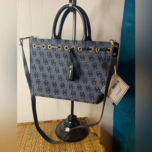 Dooney & Bourke Small Tulip Tassel Tote Canvas & Leather Double Handle NEW Black - Picture 1 of 16